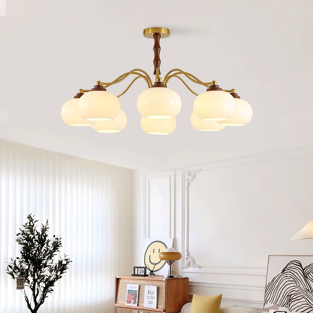 Persimmon Glass Globe Chandelier – Modern Brass & Glass Pendant Light for Dining Room and Living Room