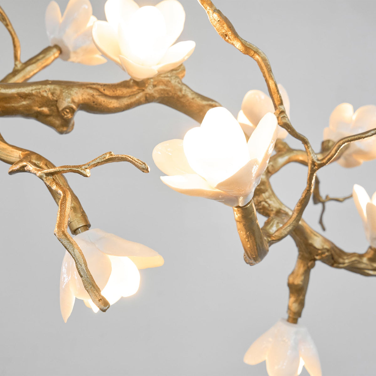 Brass Flower Branch Chandelier with Ceramic Shades for Dining Room and Living Room
