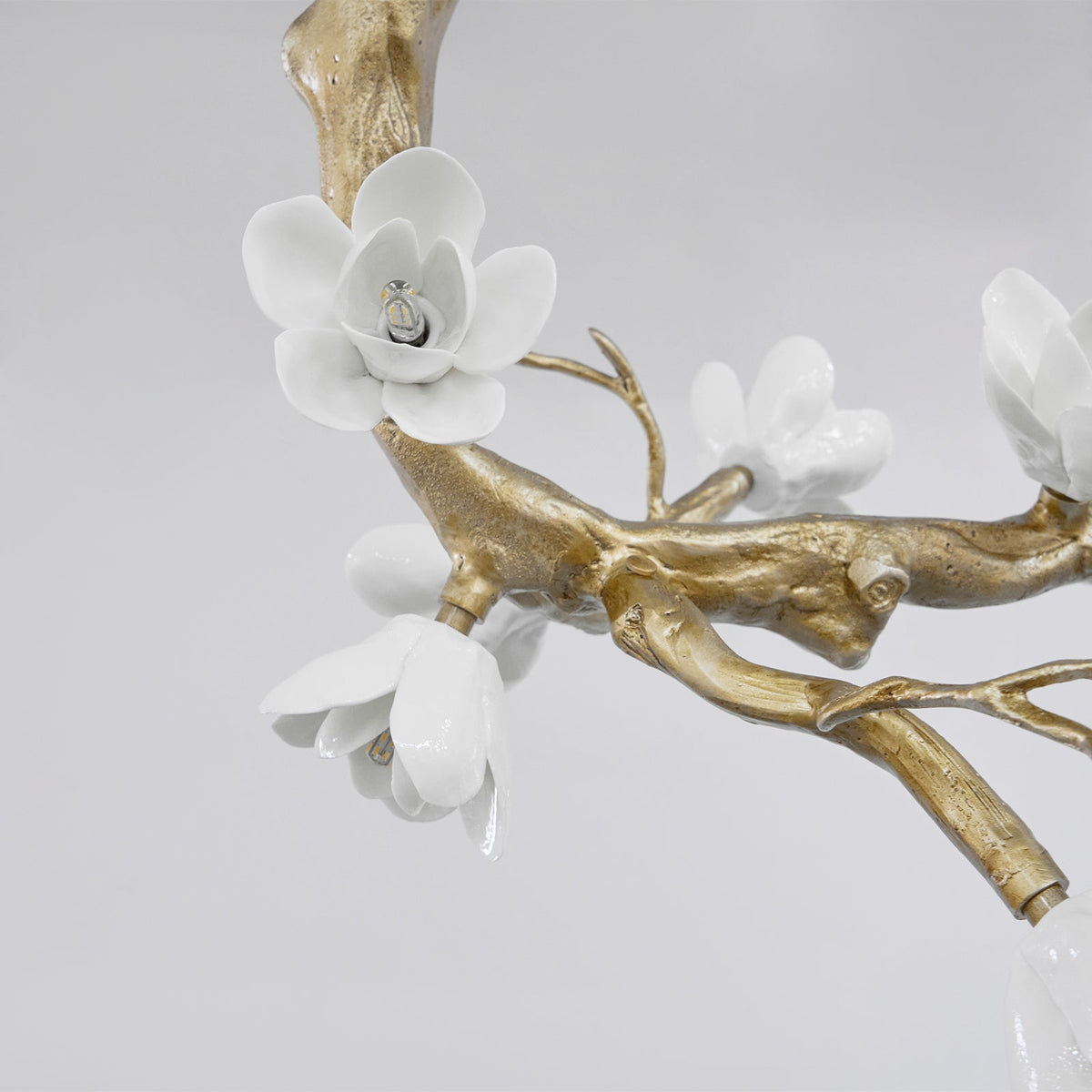 Brass Flower Branch Chandelier with Ceramic Shades for Dining Room and Living Room