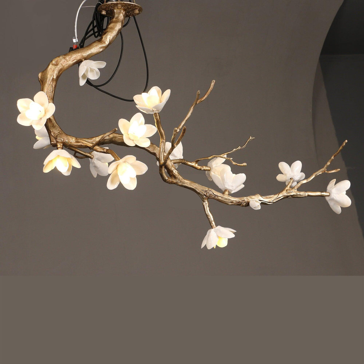 Brass Flower Branch Chandelier with Ceramic Shades for Dining Room and Living Room