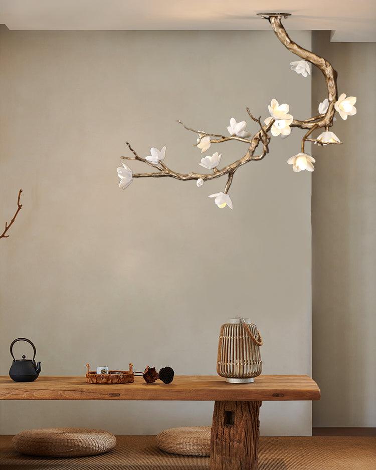 Brass Flower Branch Chandelier with Ceramic Shades for Dining Room and Living Room