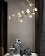 Brass Flower Branch Chandelier with Ceramic Shades for Dining Room and Living Room