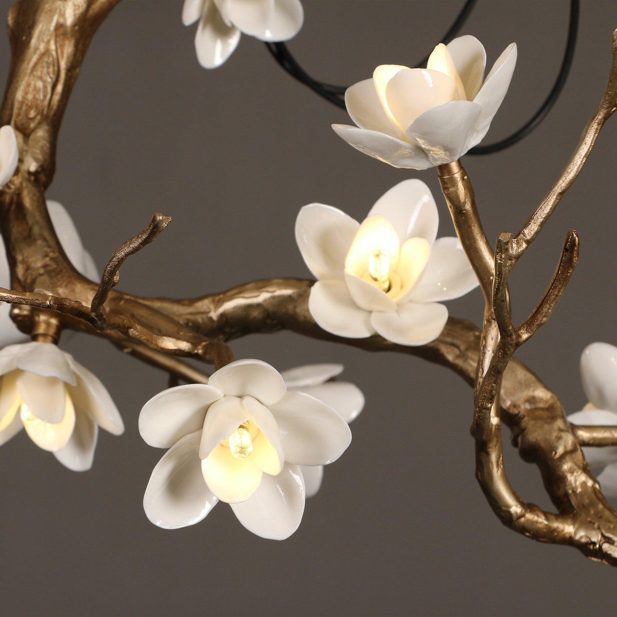 Brass Flower Branch Chandelier with Ceramic Shades for Dining Room and Living Room