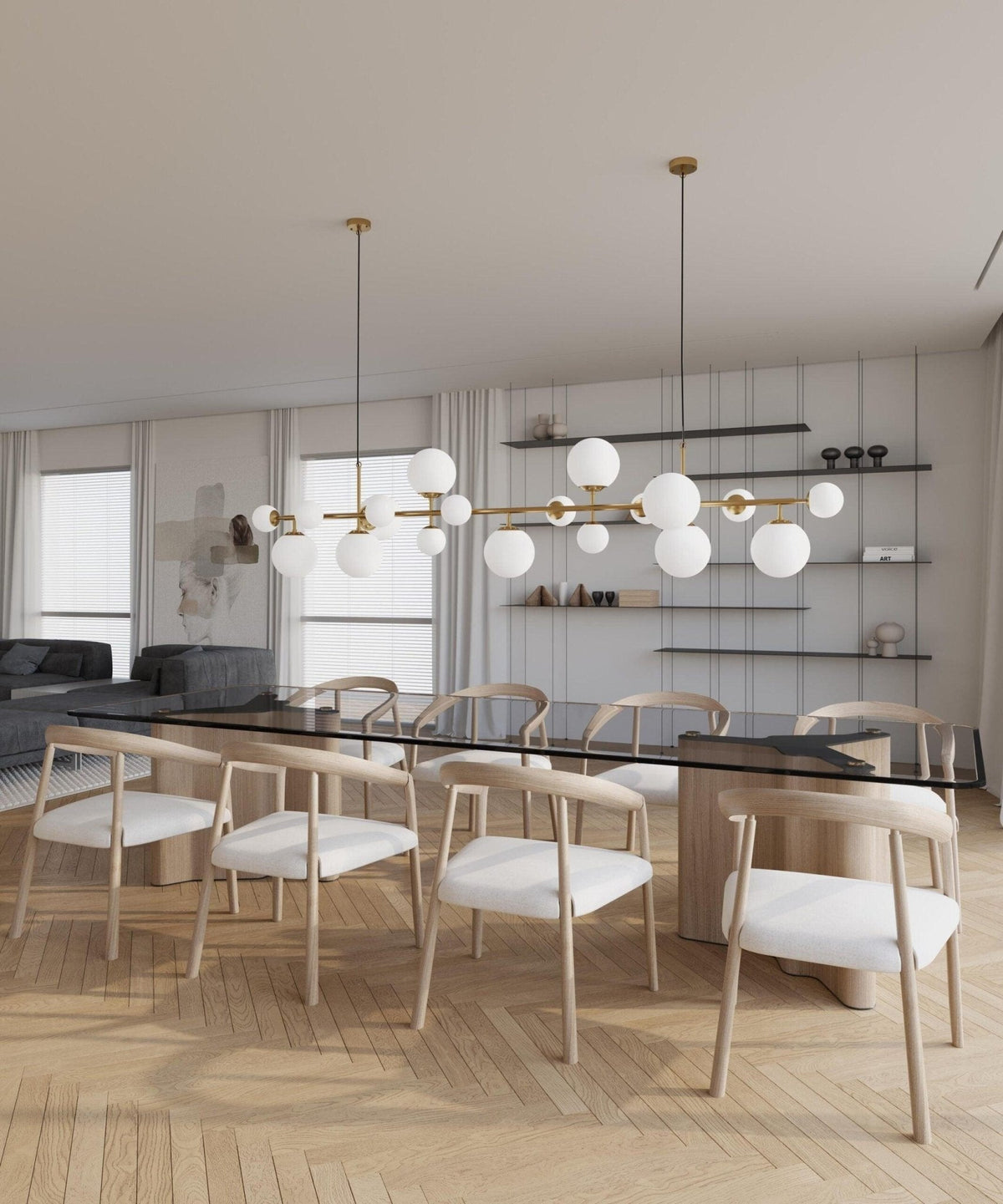 Brass and Glass Globe Chandelier – Modern Linear Pendant Light for Dining Room and Living Room