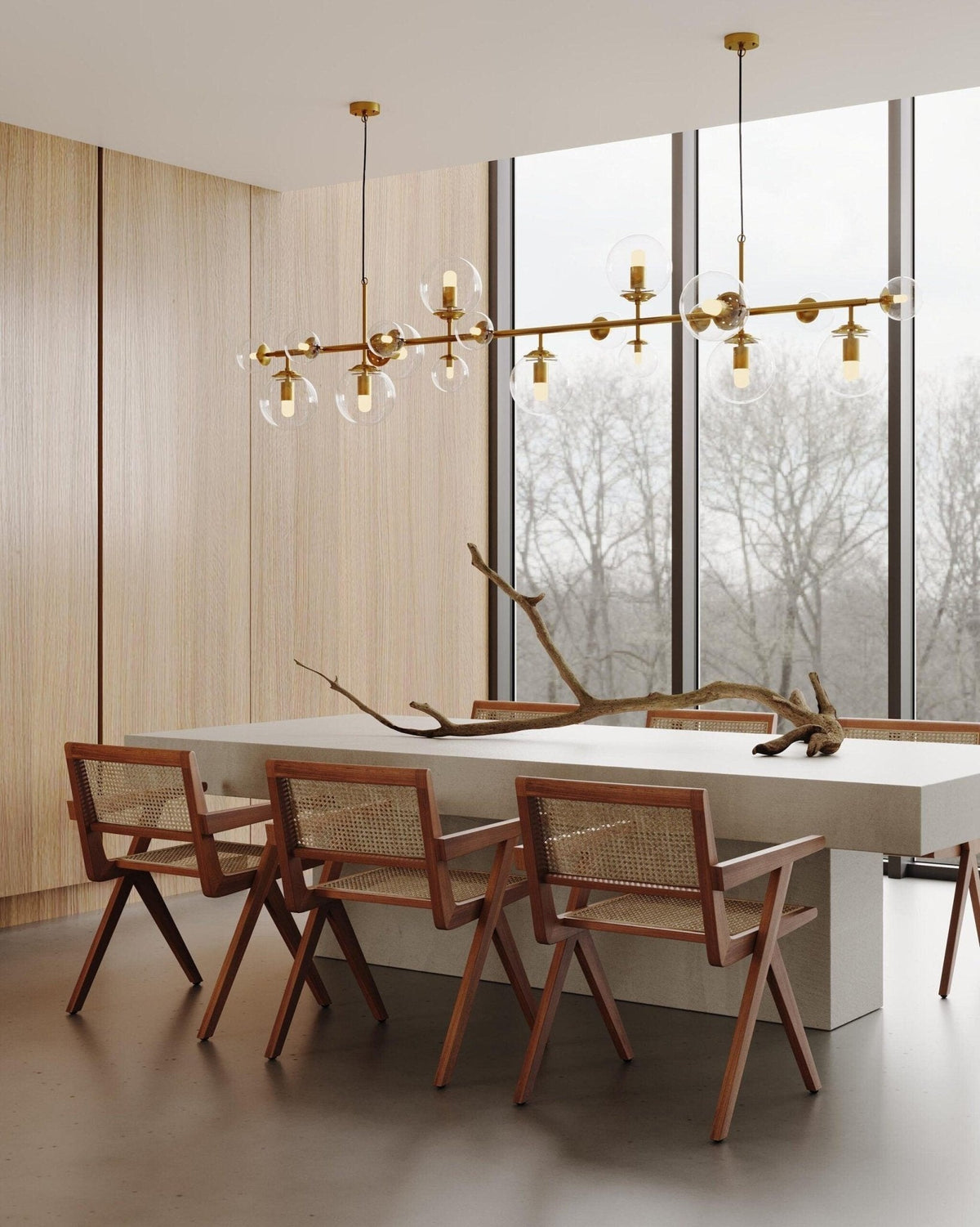 Brass and Glass Globe Chandelier – Modern Linear Pendant Light for Dining Room and Living Room