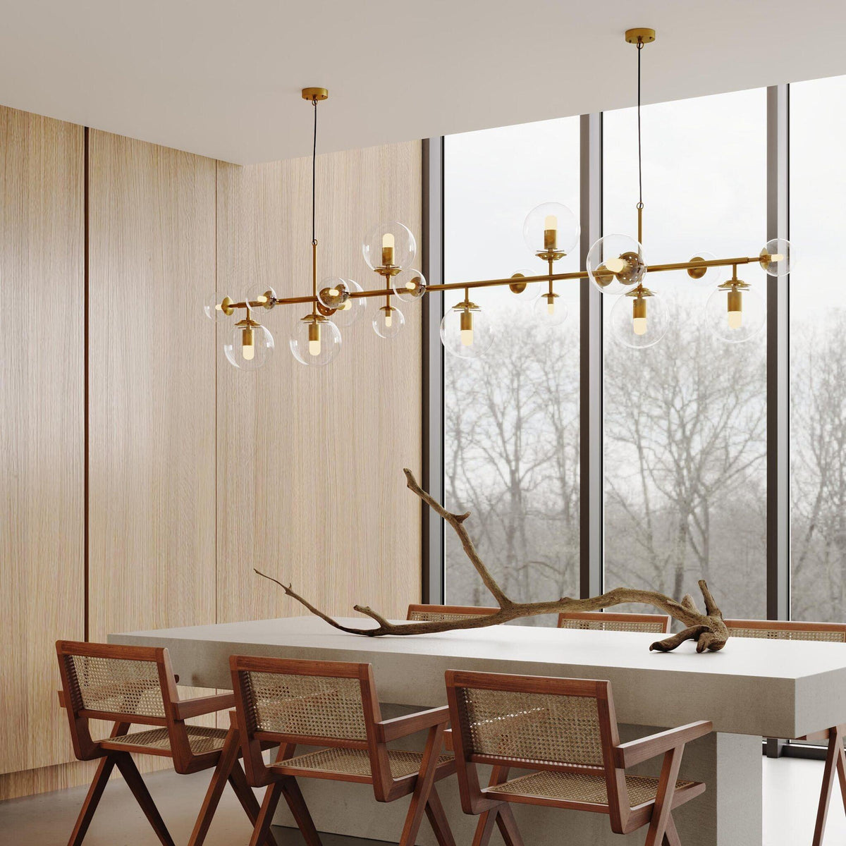 Brass and Glass Globe Chandelier – Modern Linear Pendant Light for Dining Room and Living Room