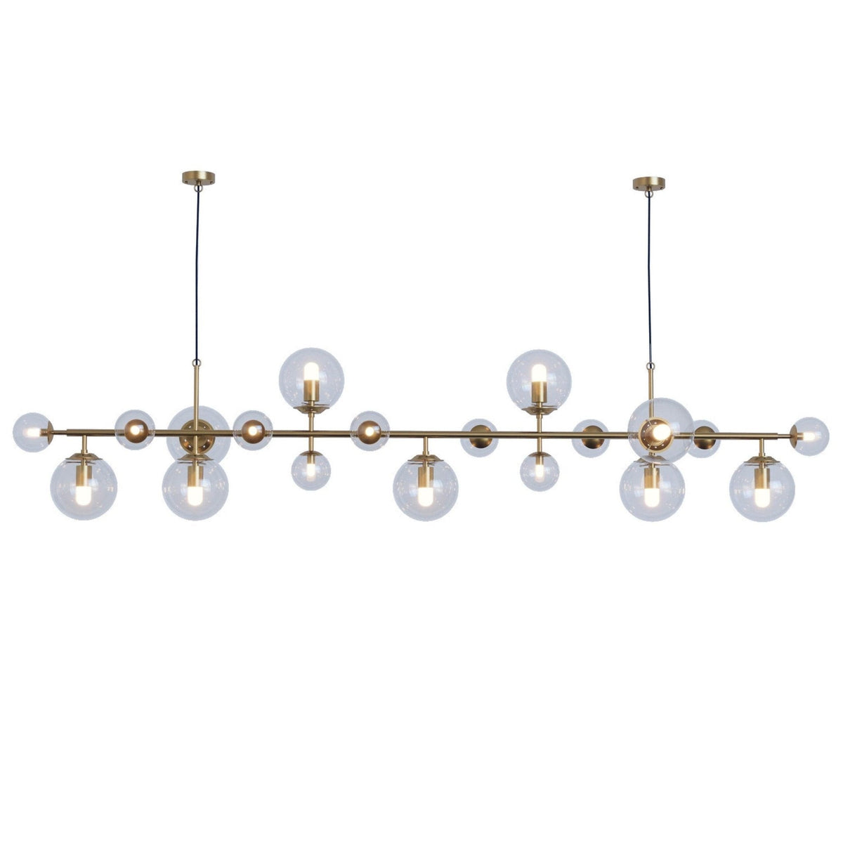 Brass and Glass Globe Chandelier – Modern Linear Pendant Light for Dining Room and Living Room