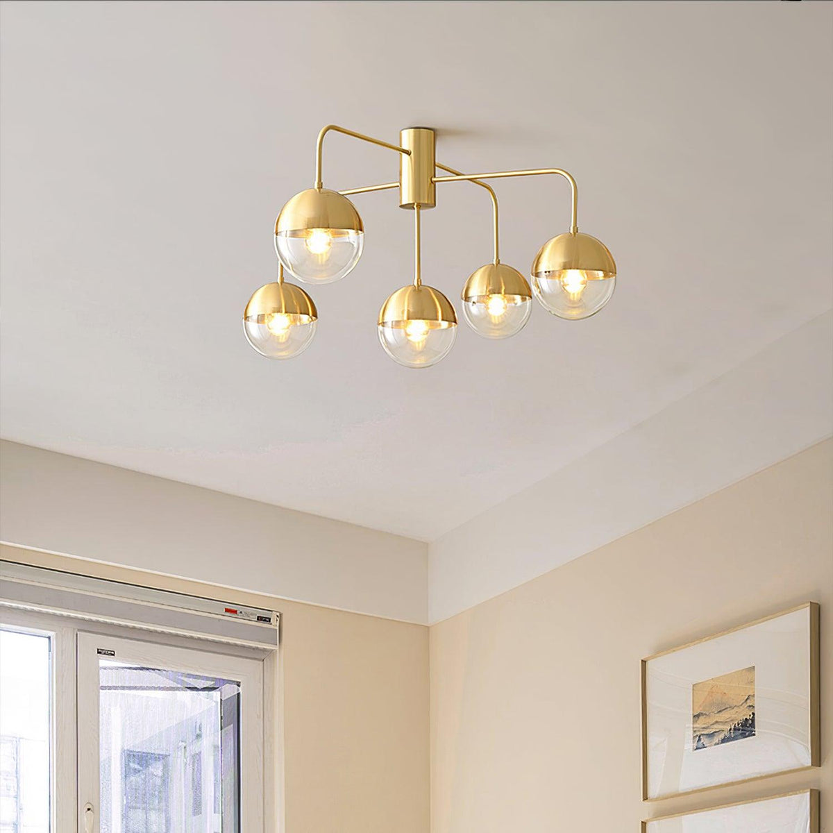 Globular Brass and Glass Semi-Flush Ceiling Light