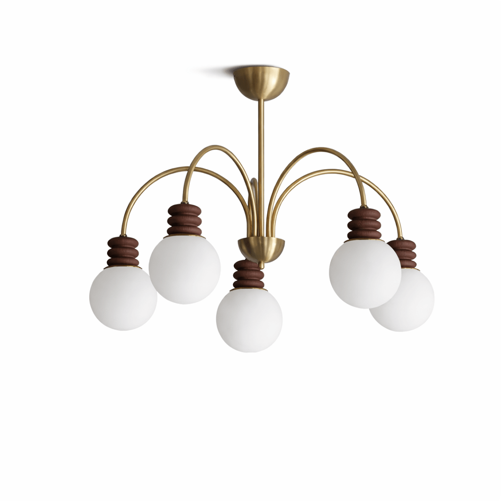 Bravelle Arc Chandelier – Modern Brass & Wood Pendant Light for Dining Room