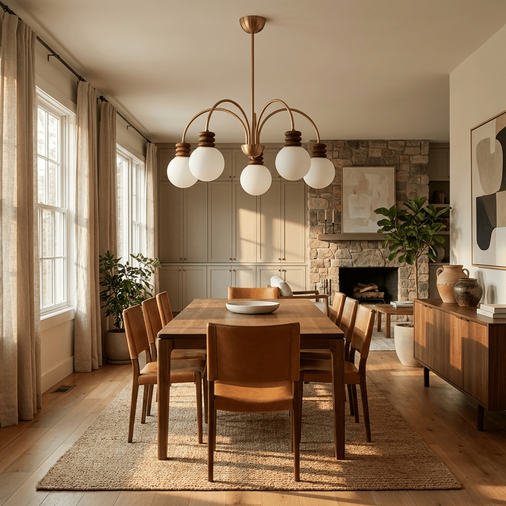 Bravelle Arc Chandelier – Modern Brass & Wood Pendant Light for Dining Room