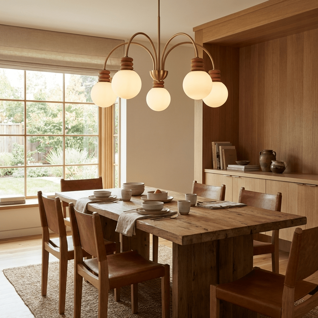 Bravelle Arc Chandelier – Modern Brass & Wood Pendant Light for Dining Room