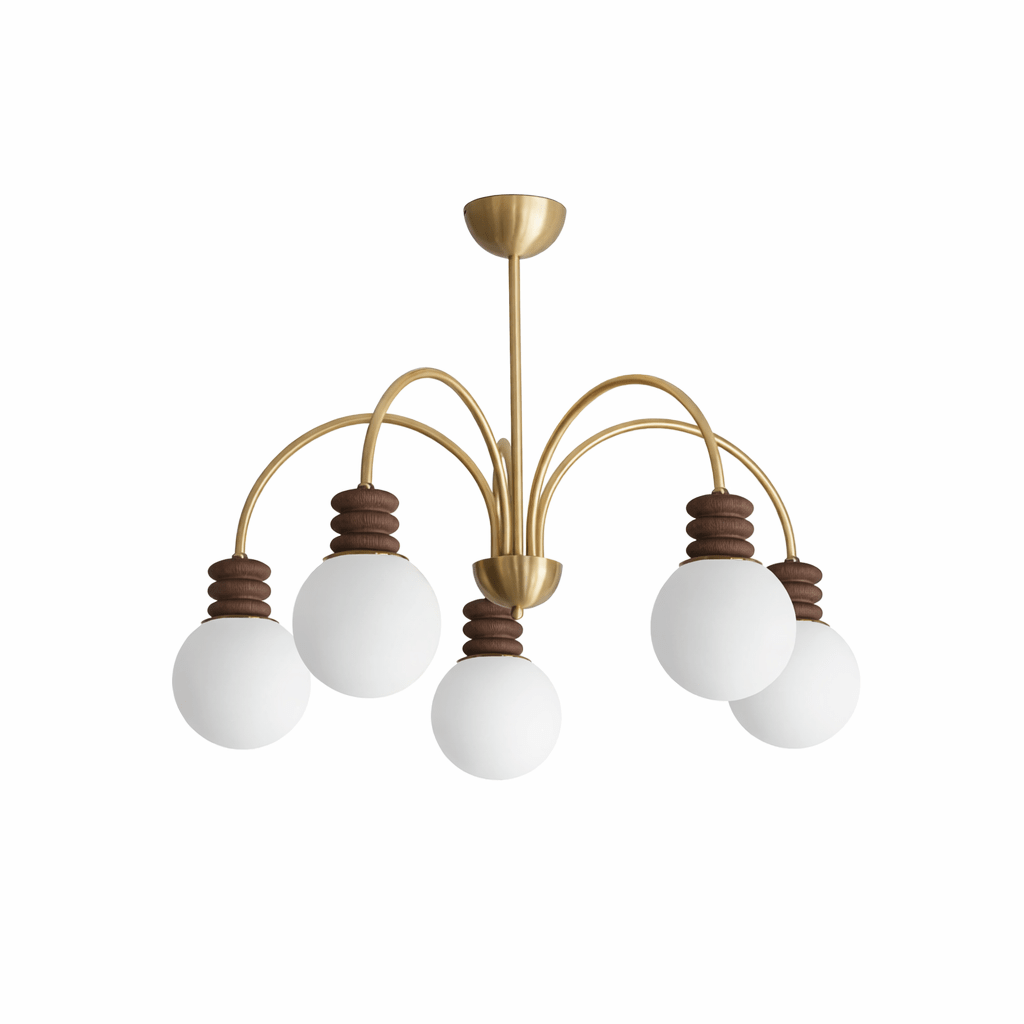 Bravelle Arc Chandelier – Modern Brass & Wood Pendant Light for Dining Room