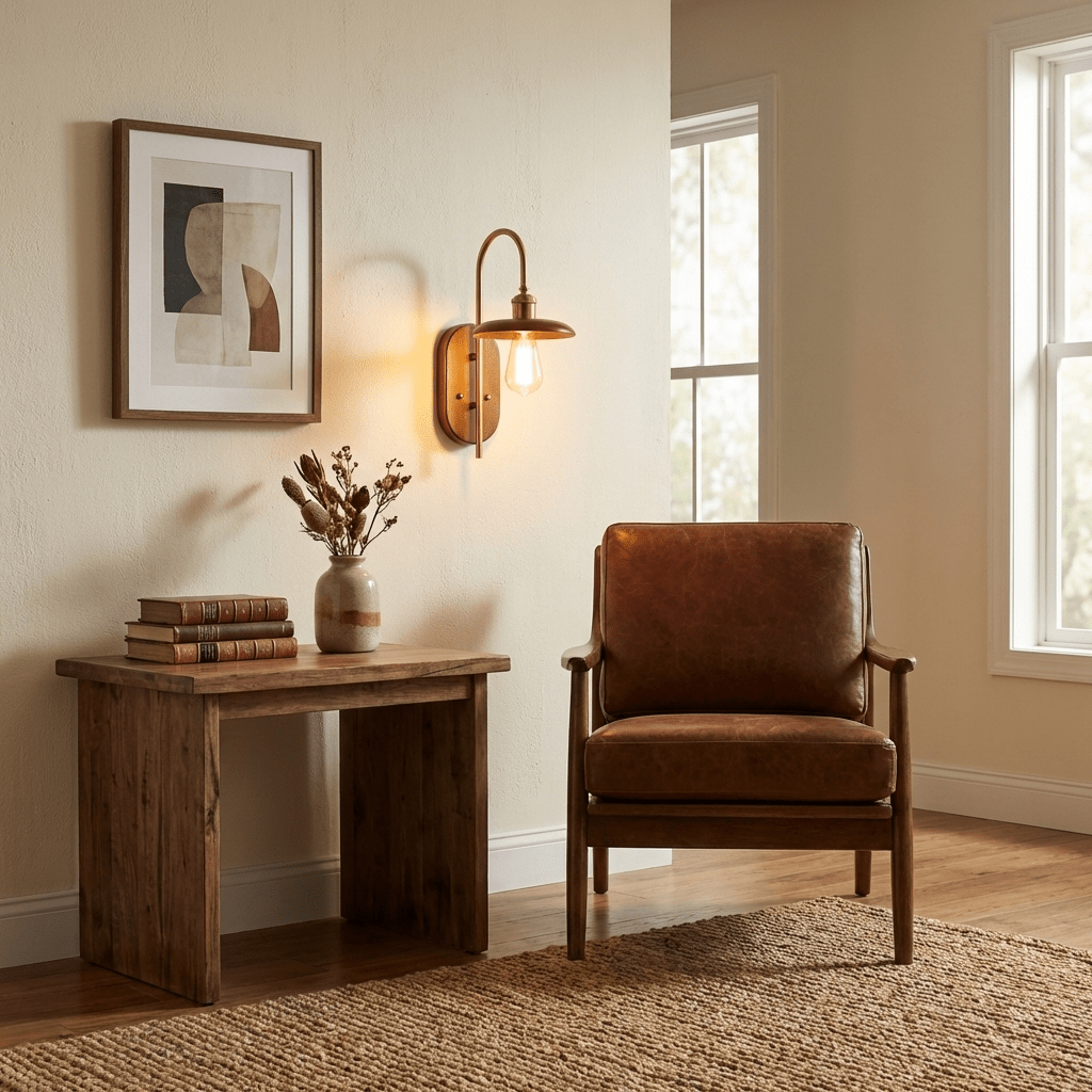 Brenton Arch Wall Sconce in Brass and Wood for Bedroom and Hallway