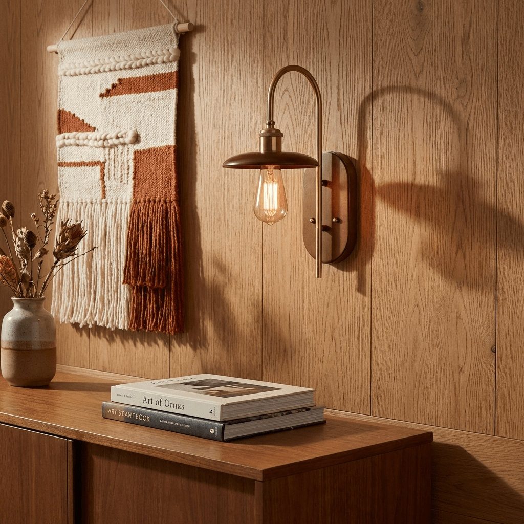 Brenton Arch Wall Sconce in Brass and Wood for Bedroom and Hallway