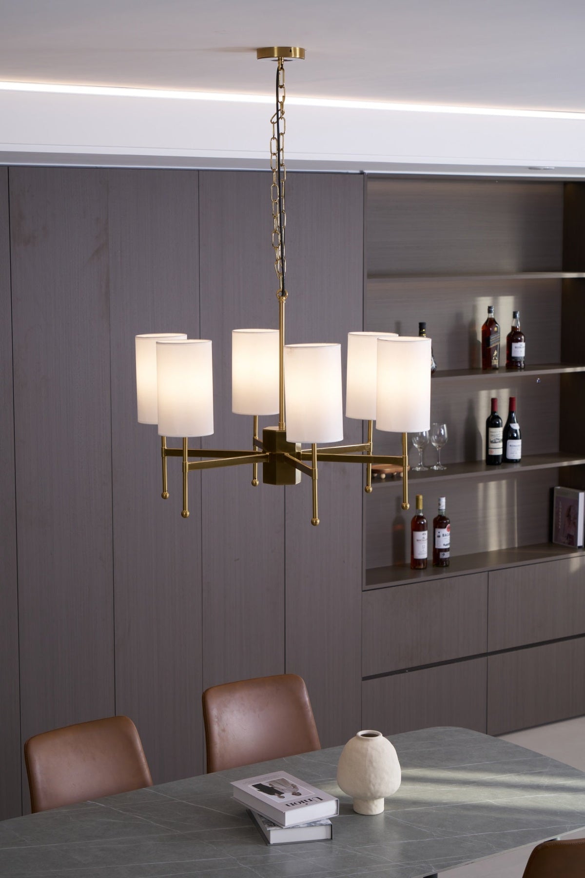 Brass Chandelier with Fabric Shades – Modern Luxury Lighting for Dining and Living Rooms