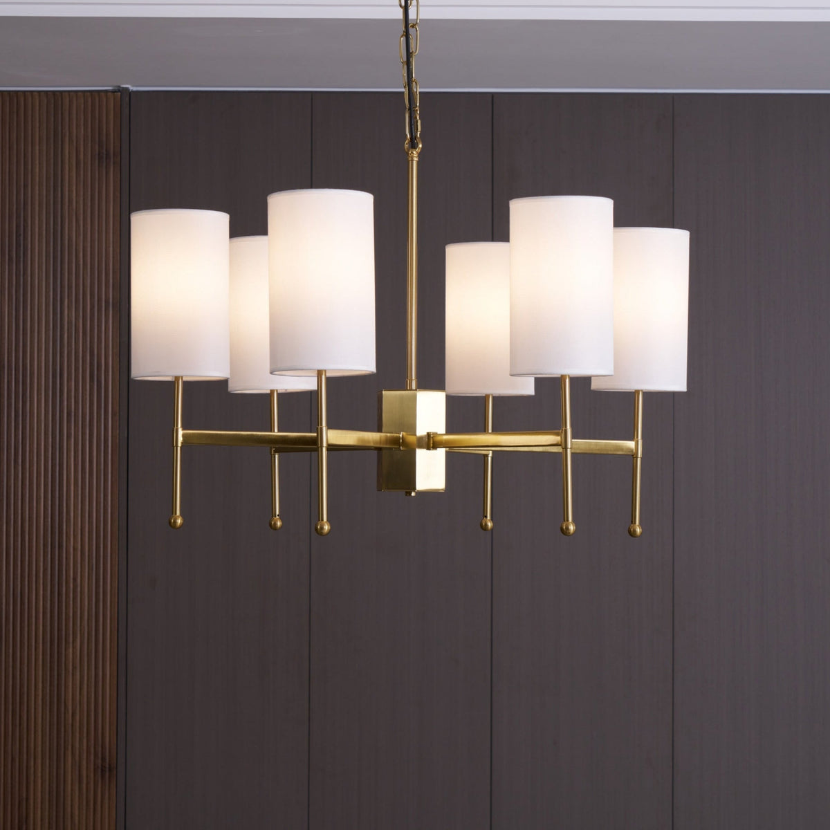 Brass Chandelier with Fabric Shades – Modern Luxury Lighting for Dining and Living Rooms