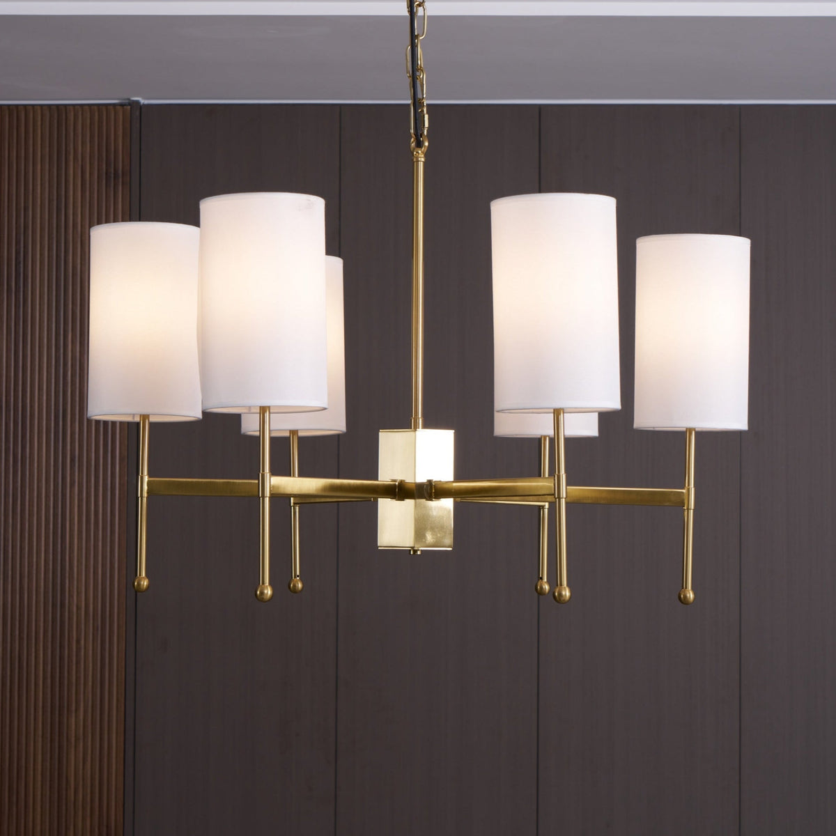 Brass Chandelier with Fabric Shades – Modern Luxury Lighting for Dining and Living Rooms