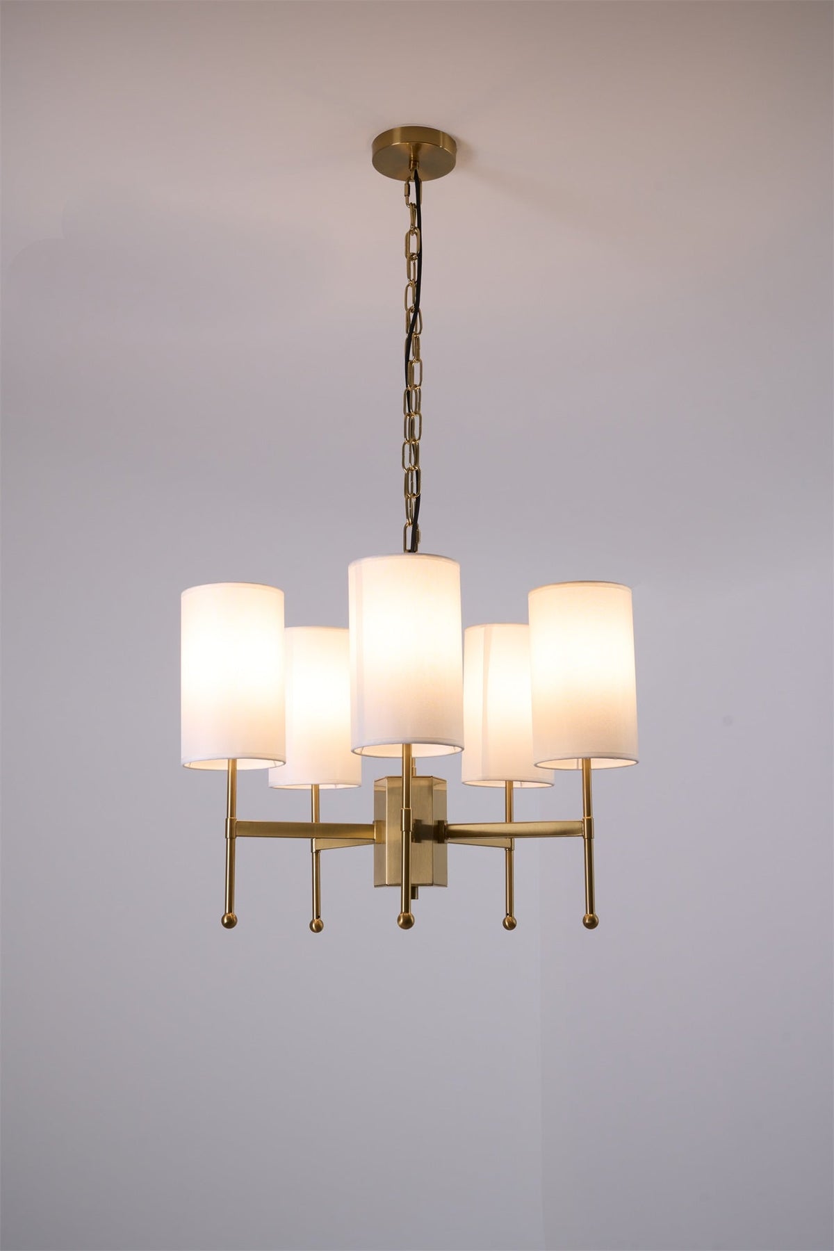 Brass Chandelier with Fabric Shades – Modern Luxury Lighting for Dining and Living Rooms
