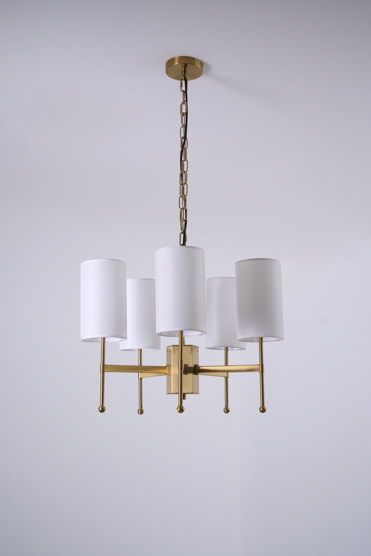 Brass Chandelier with Fabric Shades – Modern Luxury Lighting for Dining and Living Rooms