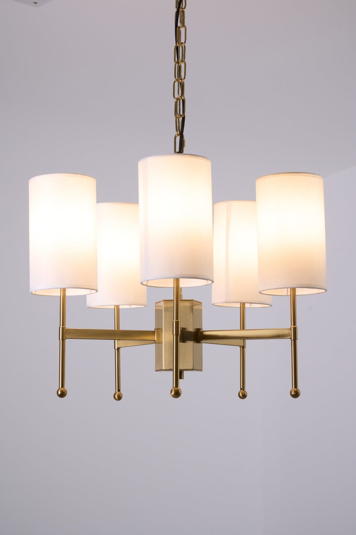 Brass Chandelier with Fabric Shades – Modern Luxury Lighting for Dining and Living Rooms