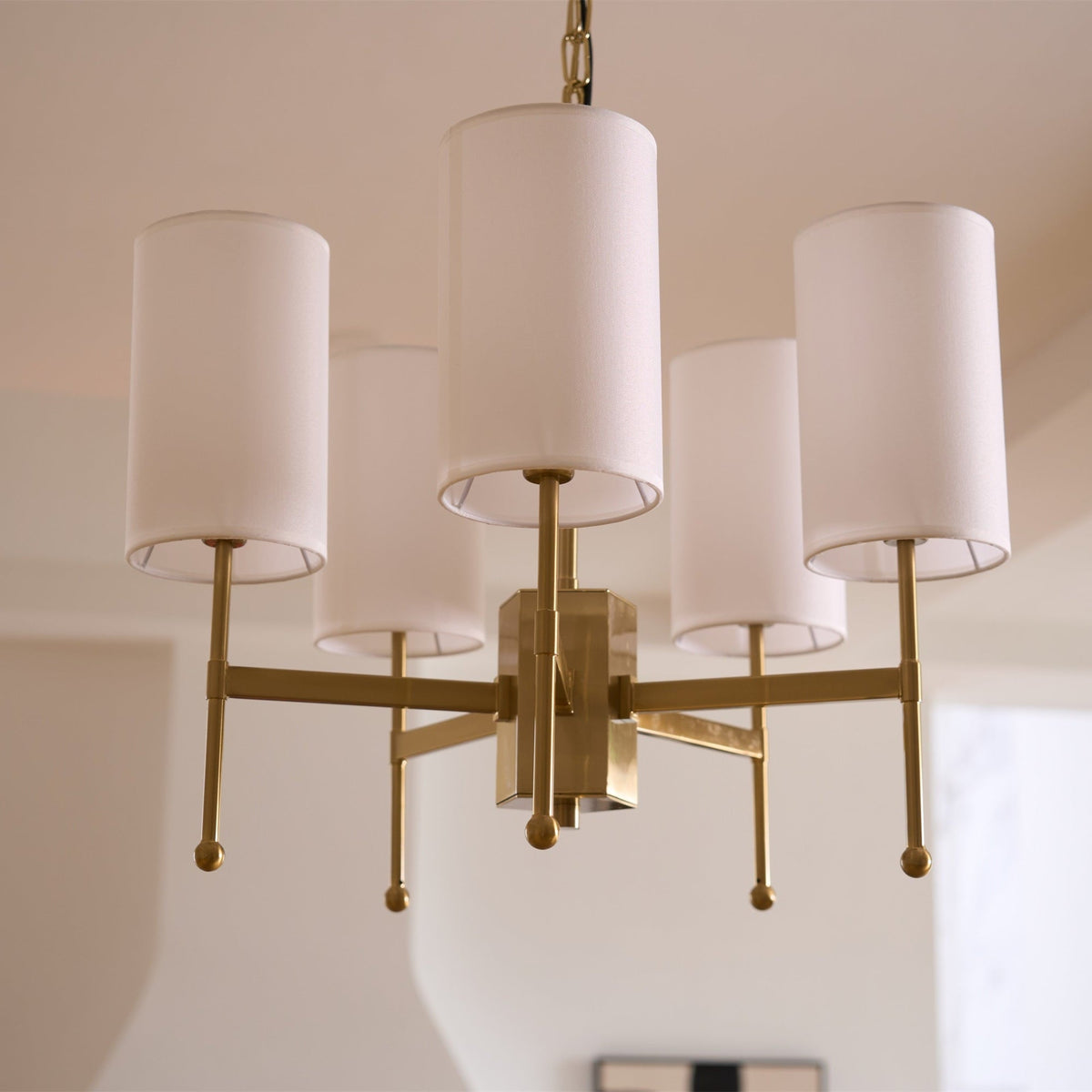Brass Chandelier with Fabric Shades – Modern Luxury Lighting for Dining and Living Rooms