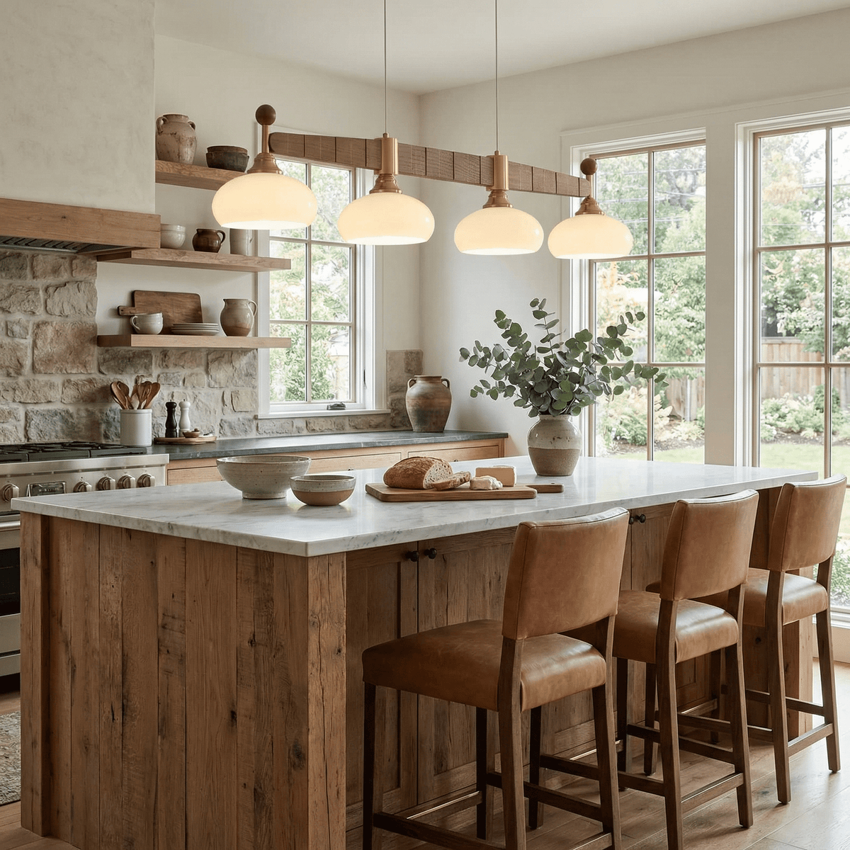 Brixton Oar Linear Pendant Light – Modern Wood & Brass Kitchen Island Lamp