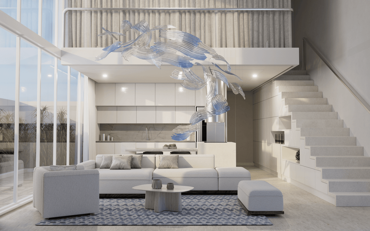 Brush Art Glass Chandelier — Sculptural Blue & Clear Glass Pendant Light