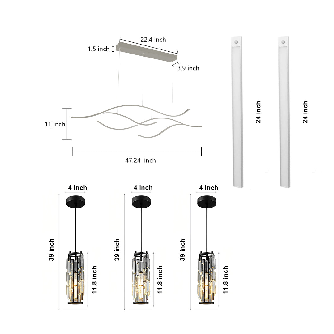 Modern Kitchen Lighting Bundle with Linear Chandelier, Crystal Pendants & Under Cabinet LED Light