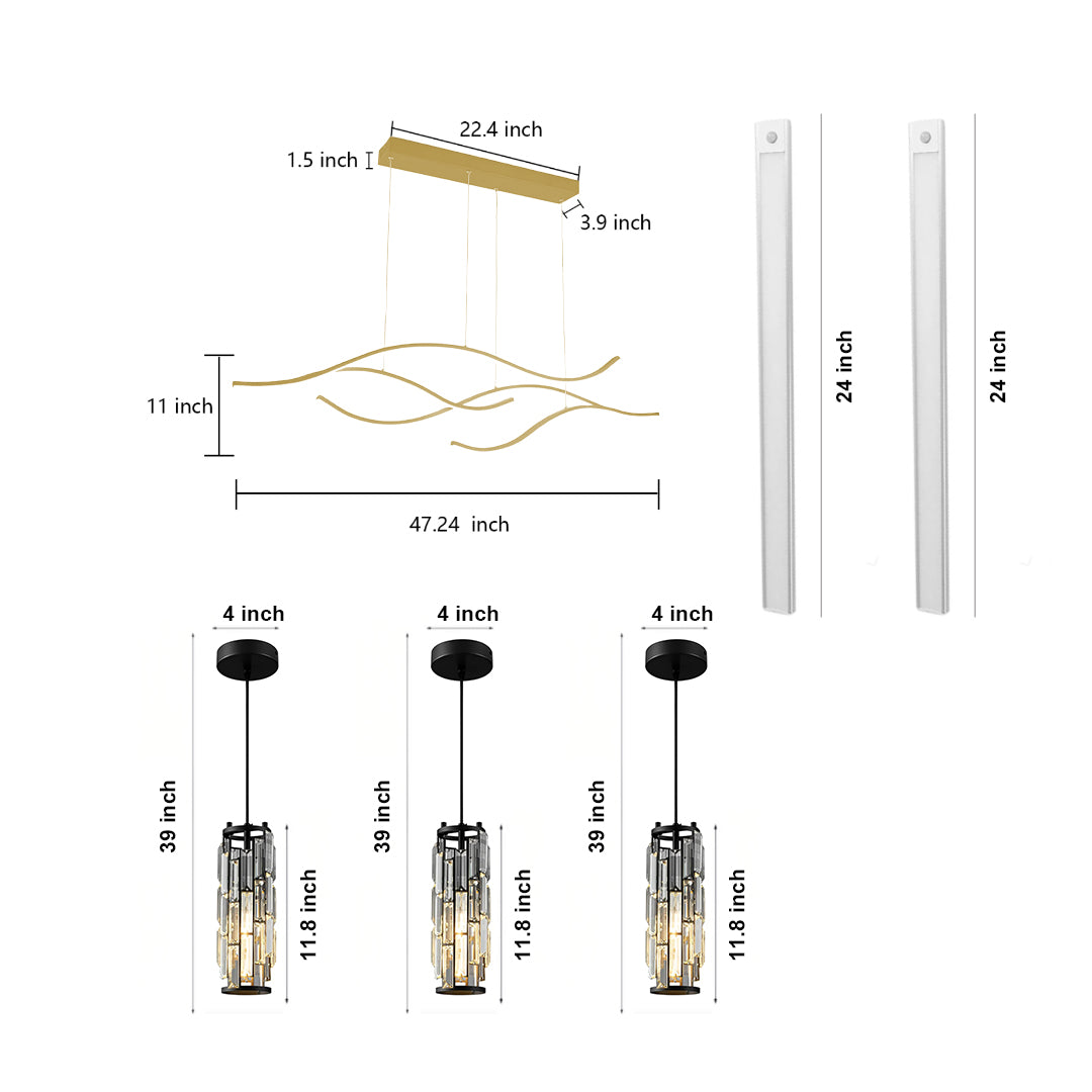 Modern Kitchen Lighting Bundle with Linear Chandelier, Crystal Pendants & Under Cabinet LED Light