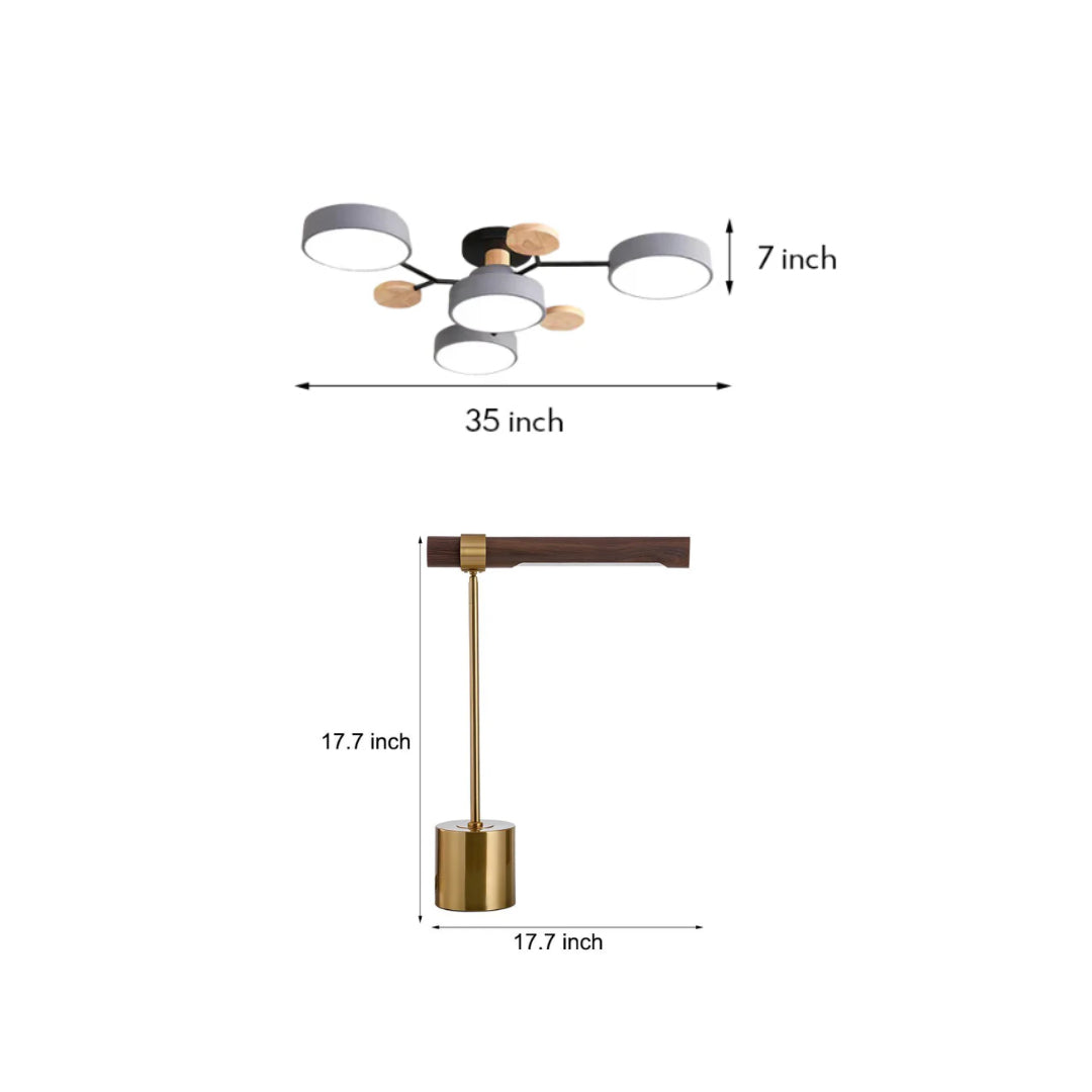 Sculptural Wood & Brass LED Study Lighting Set with Semi-Flush Mount and Desk Lamp