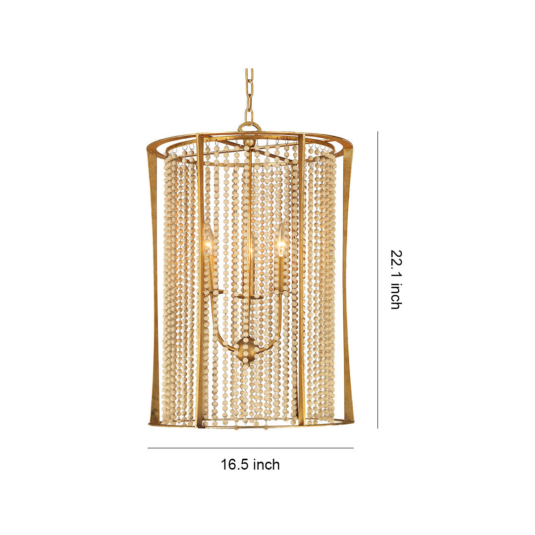 Handcrafted Wood Bead Chandelier with Gold Finish, 3-Light Candle Sockets