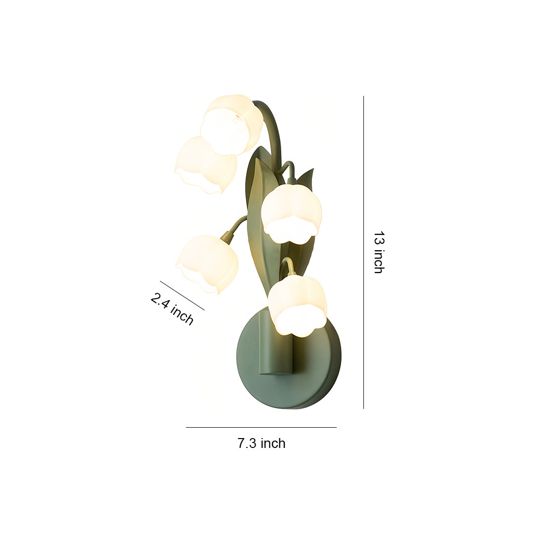 French Country Bellflower Glass Wall Sconce – Green Iron Floral Light