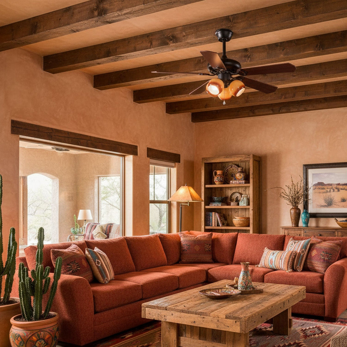 Calantha Bloom Ceiling Fan Light with Scalloped Glass Shades and Wood Blades