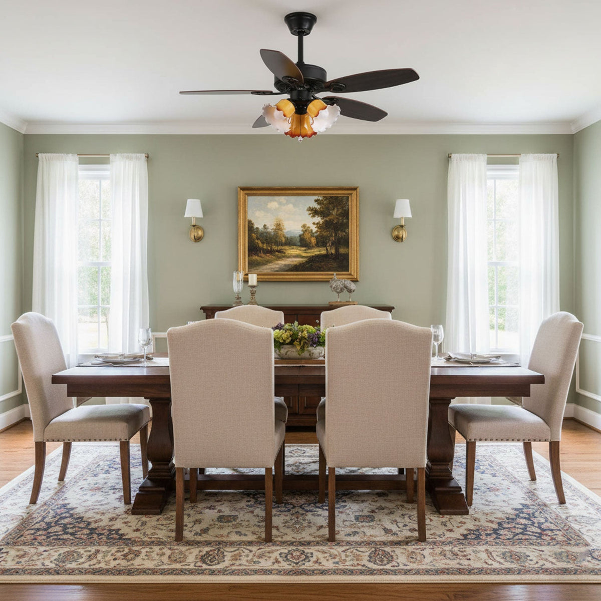Calantha Bloom Ceiling Fan Light with Scalloped Glass Shades and Wood Blades