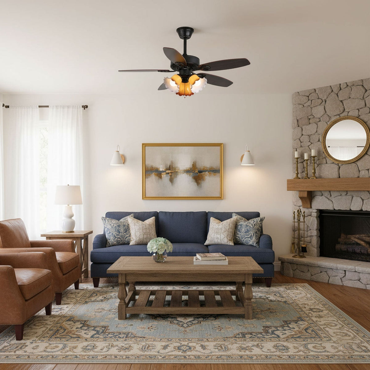 Calantha Bloom Ceiling Fan Light with Scalloped Glass Shades and Wood Blades