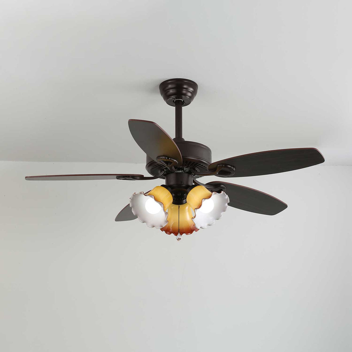 Calantha Bloom Ceiling Fan Light with Scalloped Glass Shades and Wood Blades