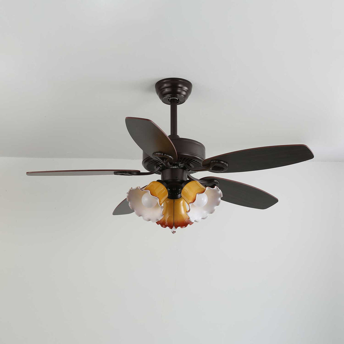Calantha Bloom Ceiling Fan Light with Scalloped Glass Shades and Wood Blades