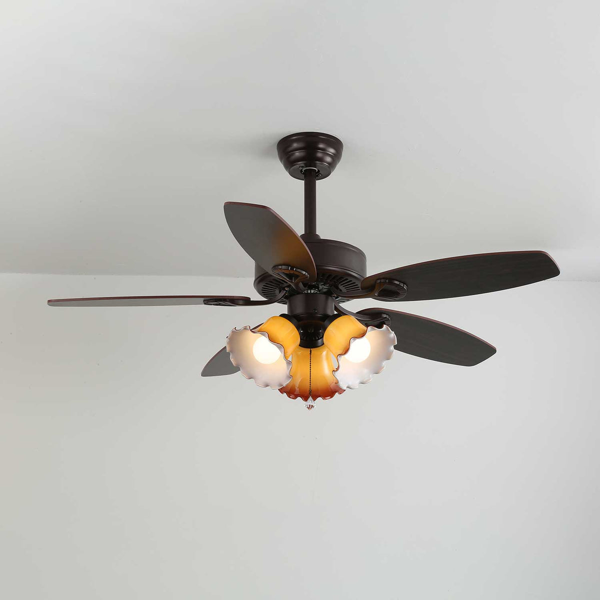 Calantha Bloom Ceiling Fan Light with Scalloped Glass Shades and Wood Blades