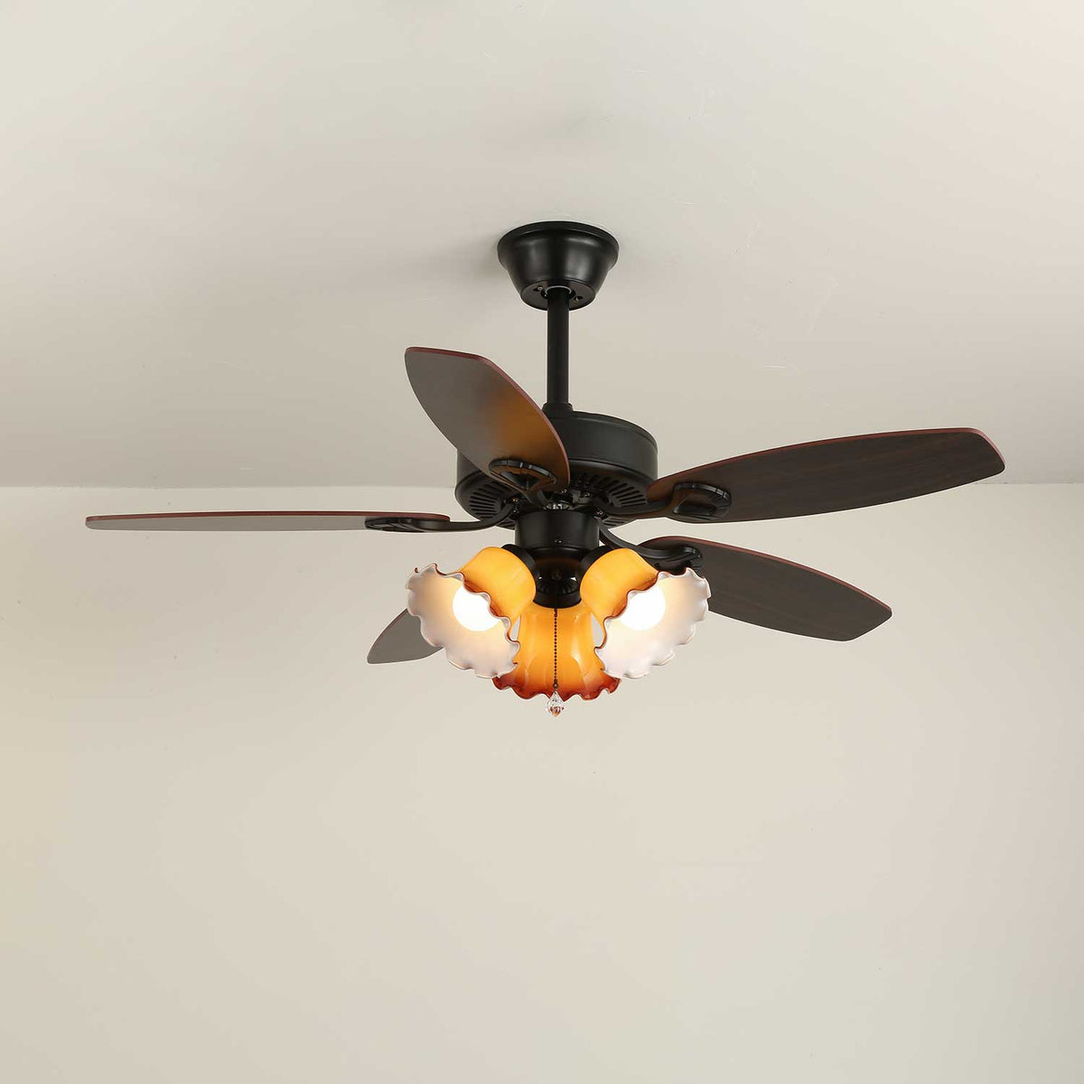 Calantha Bloom Ceiling Fan Light with Scalloped Glass Shades and Wood Blades