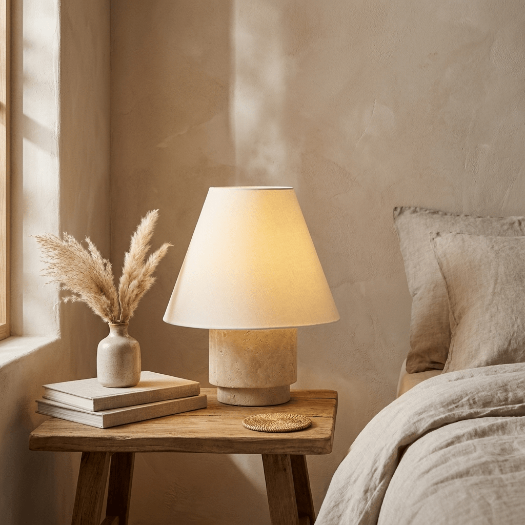 Caldera Travertine Table Lamp with Cotton Linen Shade