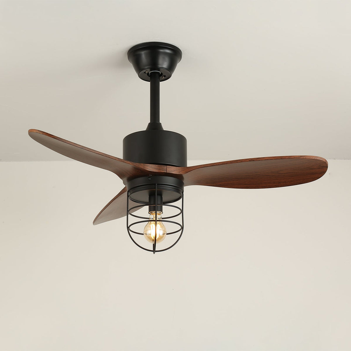 Caldor Industrial Ceiling Fan with Light, Matte Black and Wood Blades