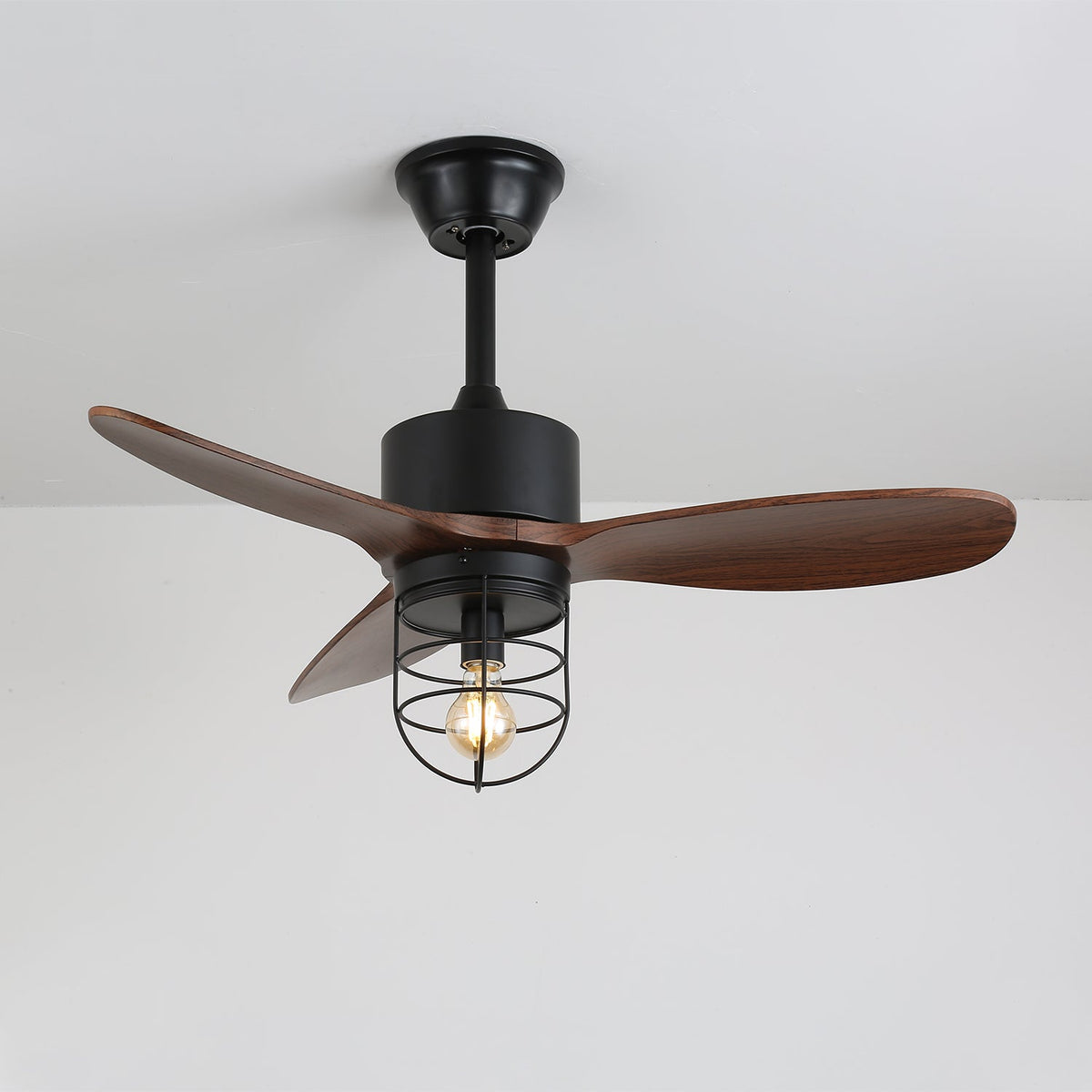 Caldor Industrial Ceiling Fan with Light, Matte Black and Wood Blades