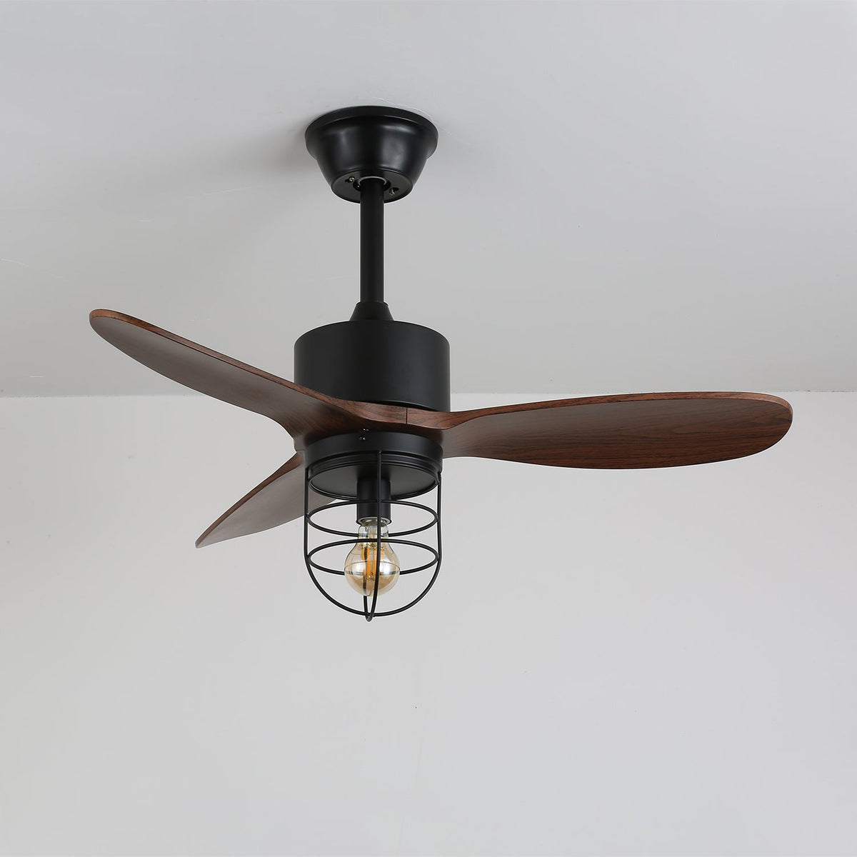 Caldor Industrial Ceiling Fan with Light, Matte Black and Wood Blades