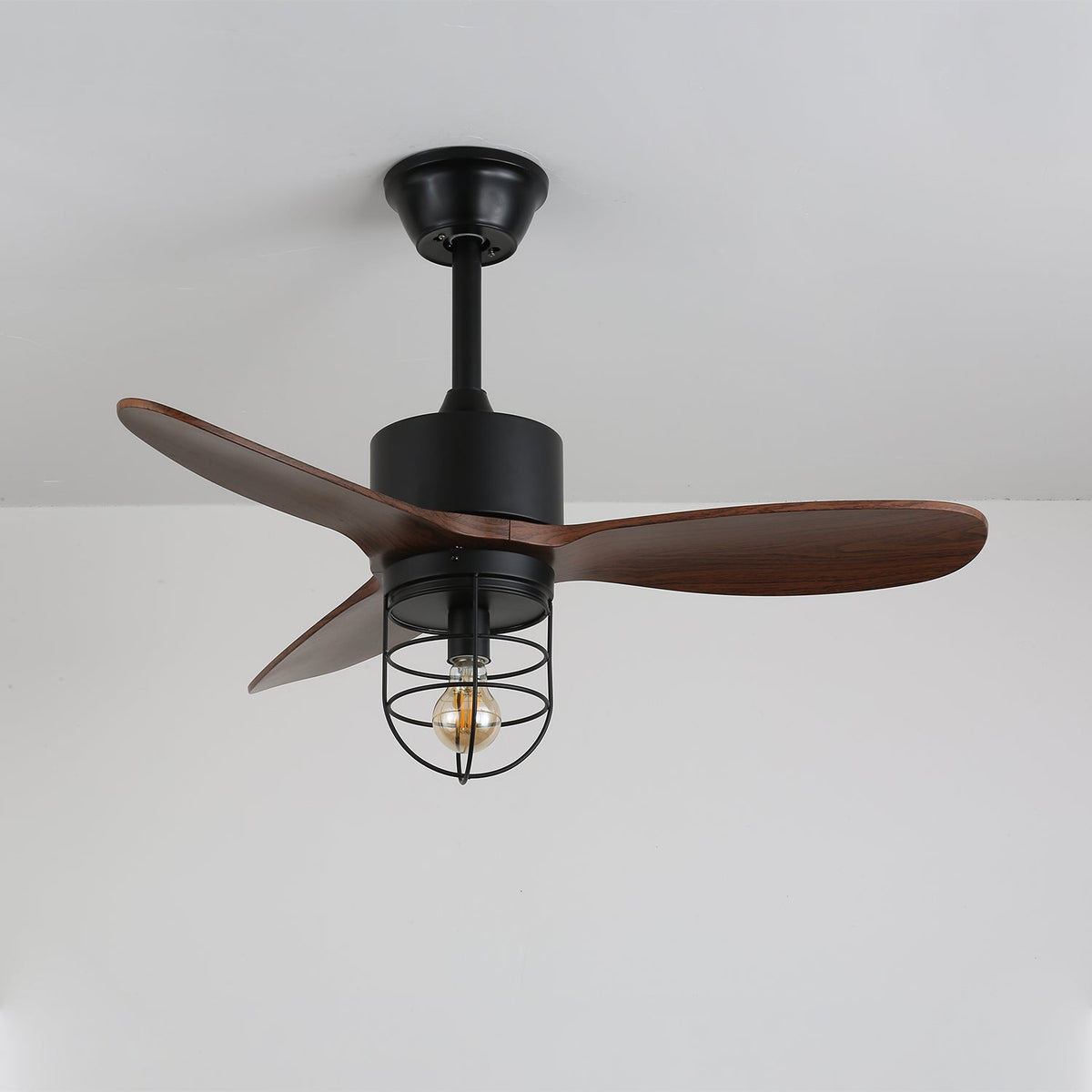 Caldor Industrial Ceiling Fan with Light, Matte Black and Wood Blades