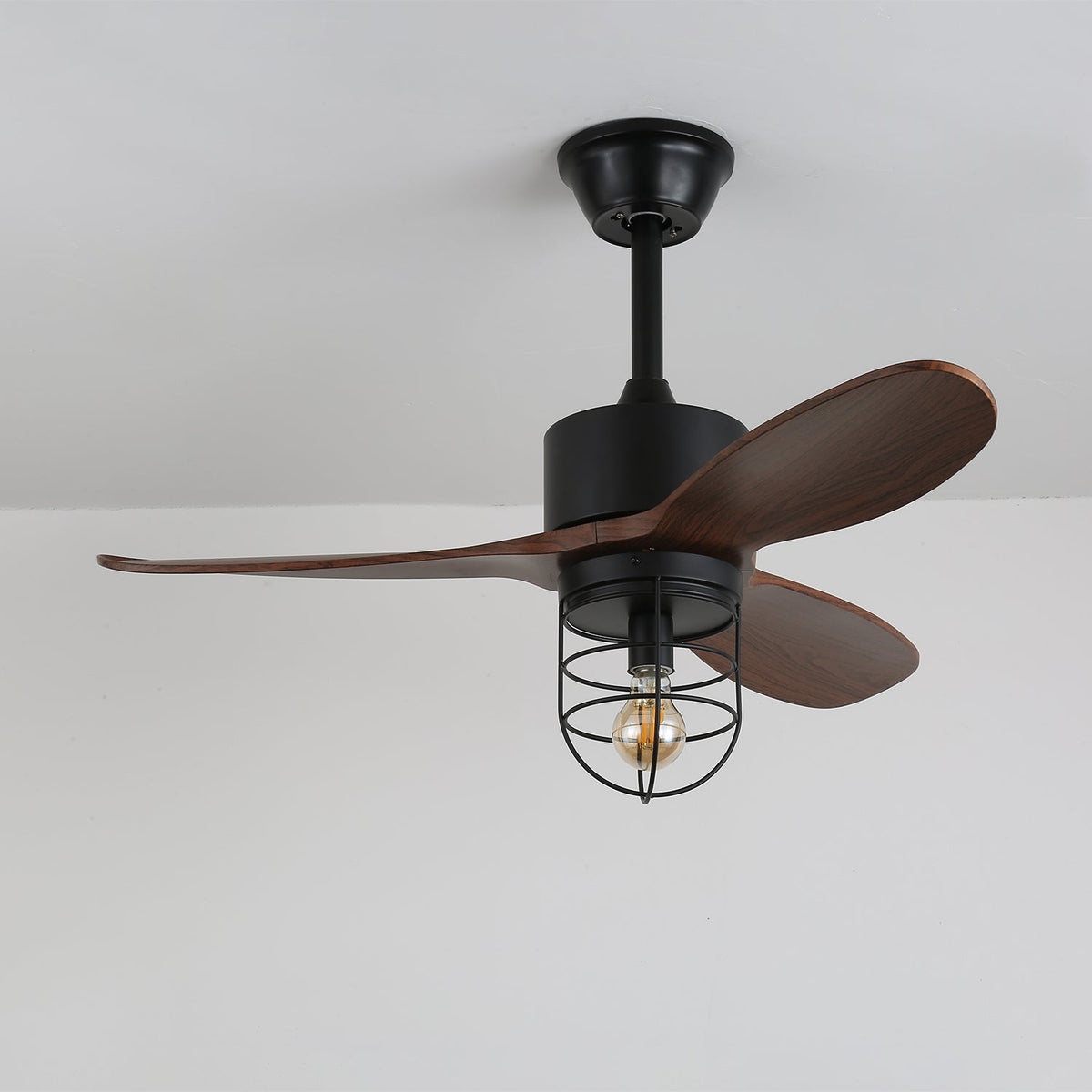 Caldor Industrial Ceiling Fan with Light, Matte Black and Wood Blades