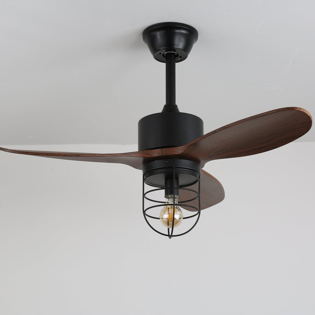 Caldor Industrial Ceiling Fan with Light, Matte Black and Wood Blades