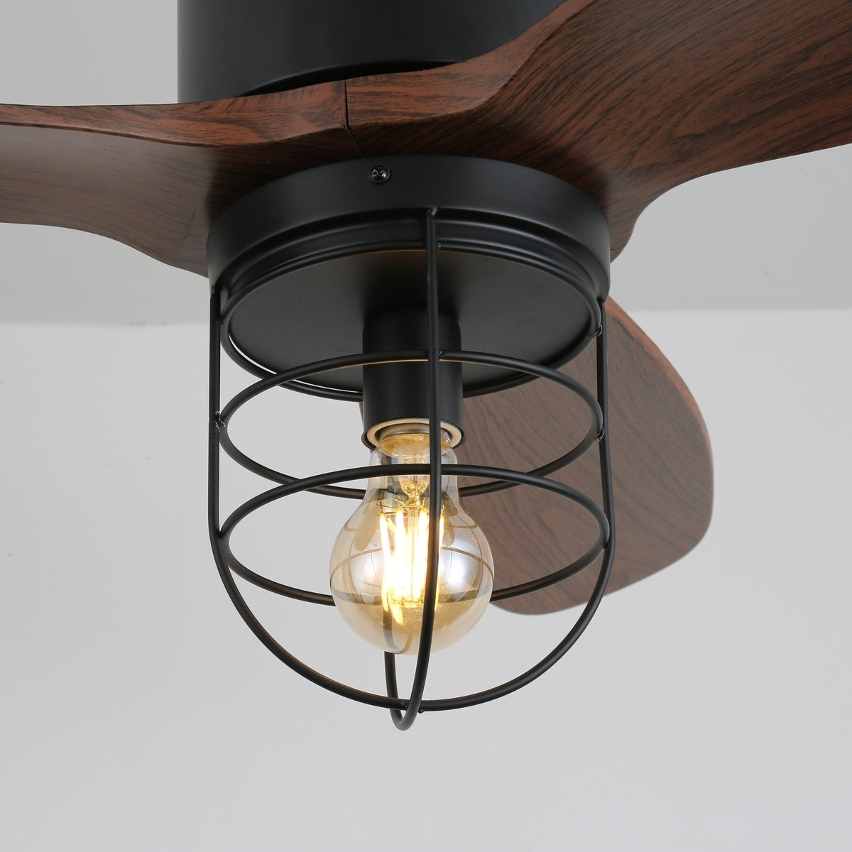 Caldor Industrial Ceiling Fan with Light, Matte Black and Wood Blades