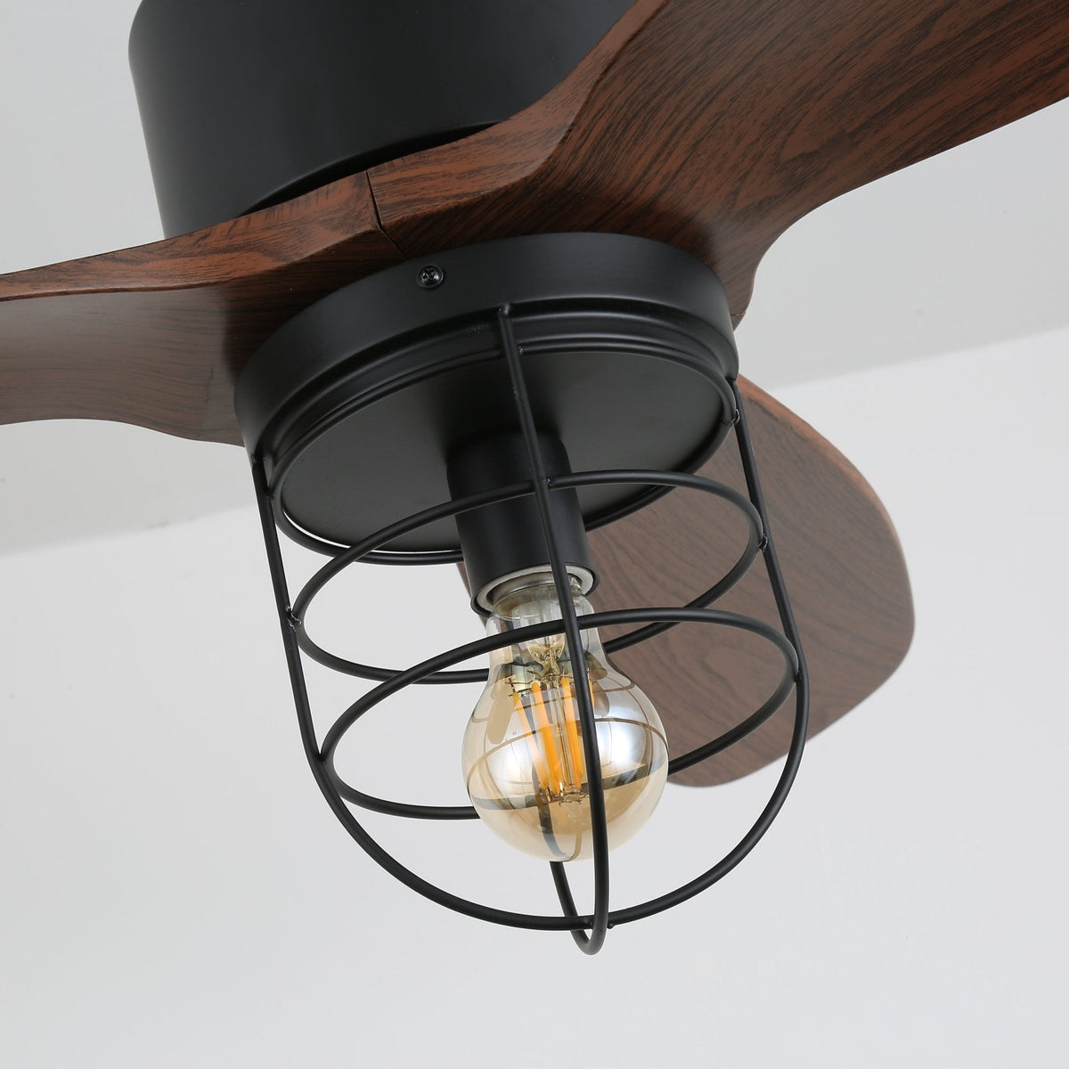 Caldor Industrial Ceiling Fan with Light, Matte Black and Wood Blades