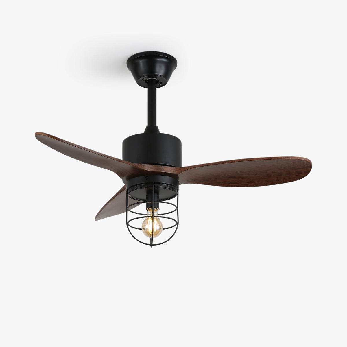 Caldor Industrial Ceiling Fan with Light, Matte Black and Wood Blades
