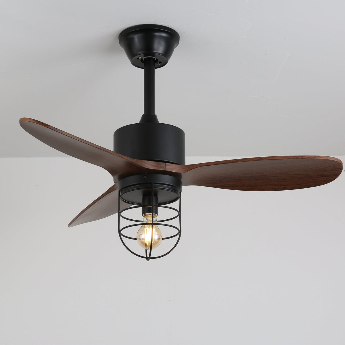 Caldor Industrial Ceiling Fan with Light, Matte Black and Wood Blades